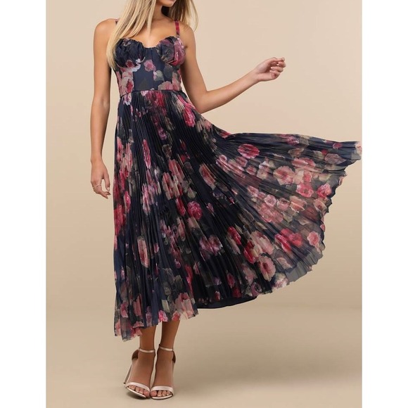 Lulus Dresses & Skirts - NWT Lulus Alluring Invite Midnight Blue Floral Pleated Bustier Midi Dress Medium